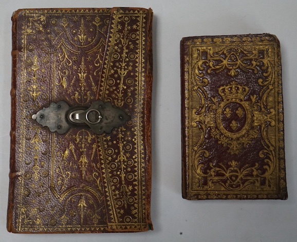 Pocket Book - late 17th/ early 18th century, tooled and gilt red morocco, unused but for an inscription on the first page, 13.2 x 8.5cm; French almanac for 1789, rococo Ducal? binding, 9.7 x 6cm. (2)